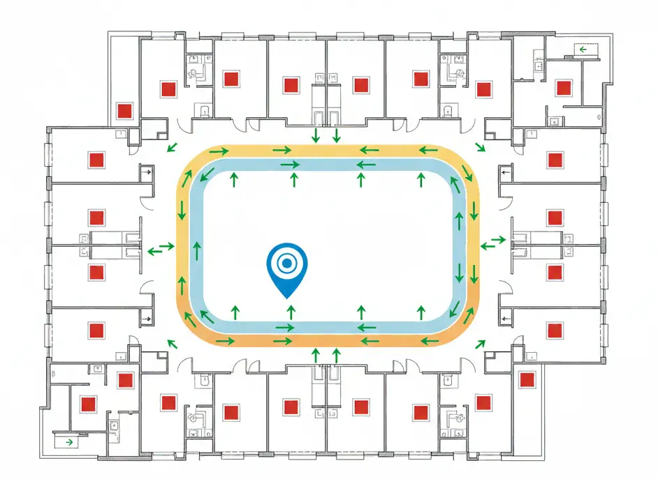 Ejemplo real de plano de evacuación con señalización USTED ESTÁ AQUÍ