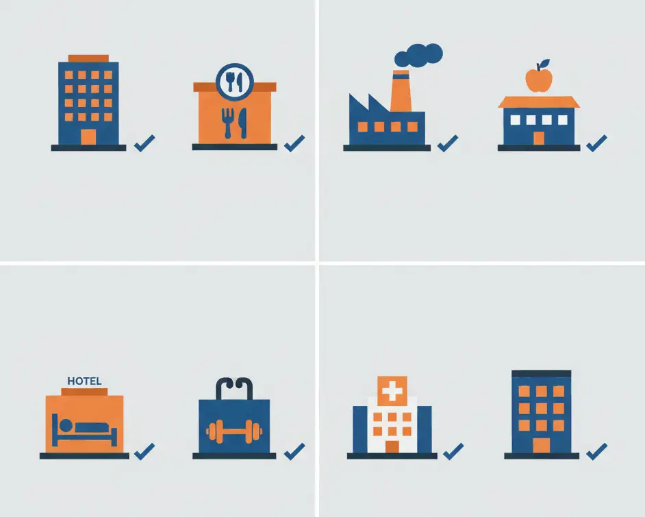 Infografía de tipos de establecimientos que requieren plan de evacuación