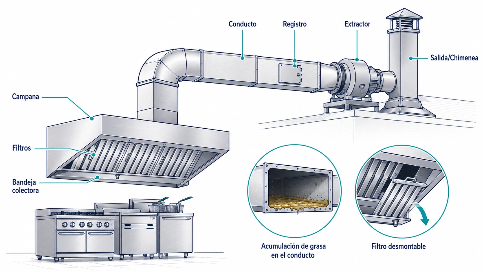 Diagrama de campana, filtros, bandejas, conductos, extractor y salida/chimenea en cocina industrial