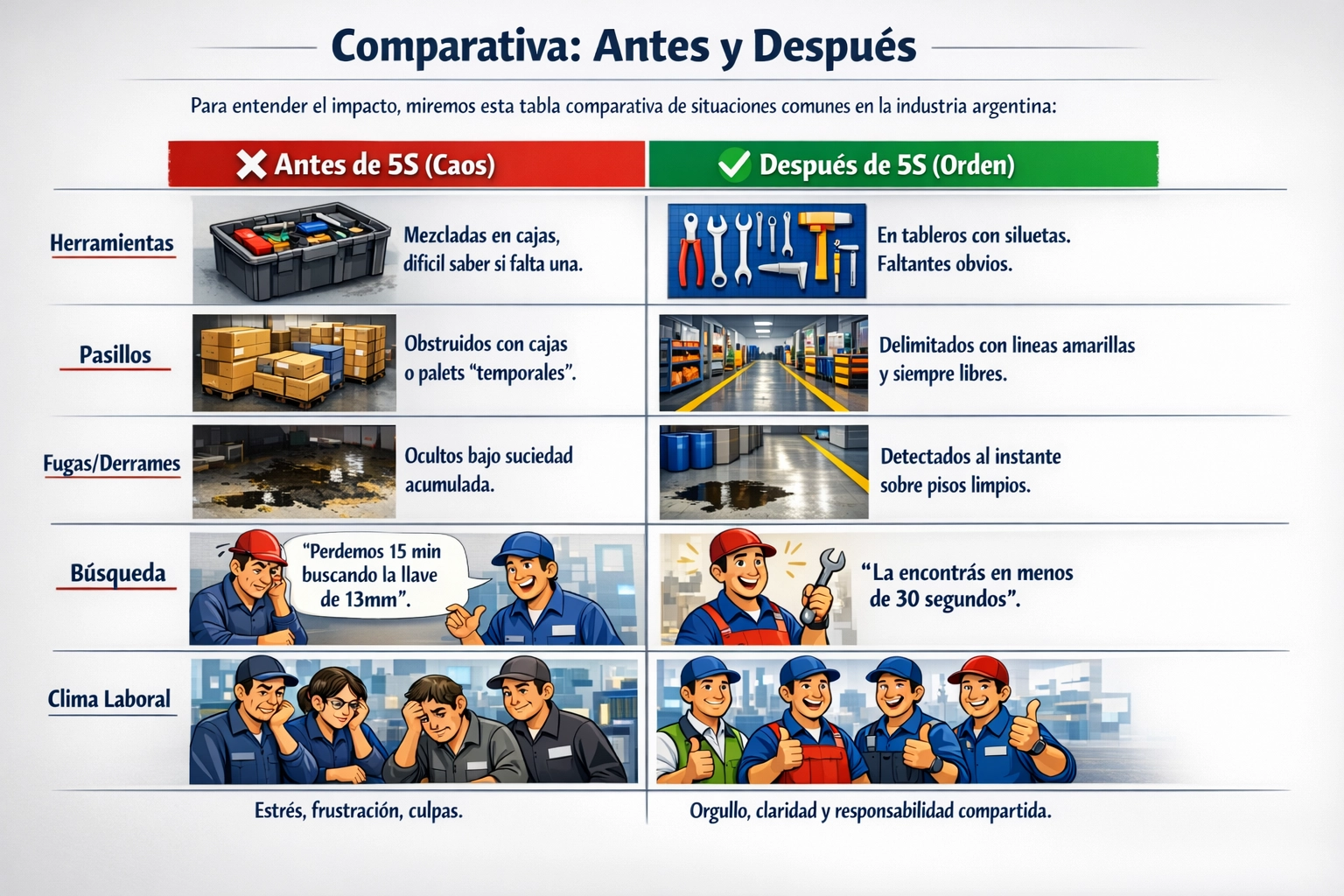 Comparativa visual Antes y Después de aplicar Metodología 5S en la industria