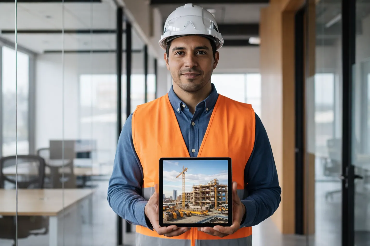 Profesional de seguridad revisando planos de evacuación en tablet digital