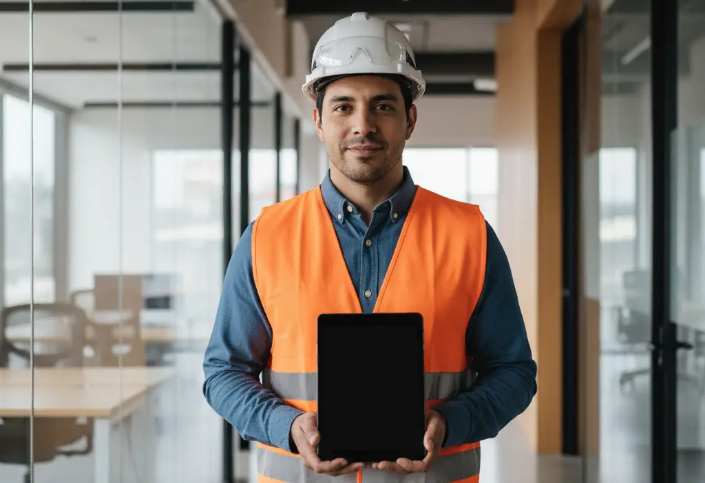 Profesional de seguridad revisando planos de evacuación en tablet digital