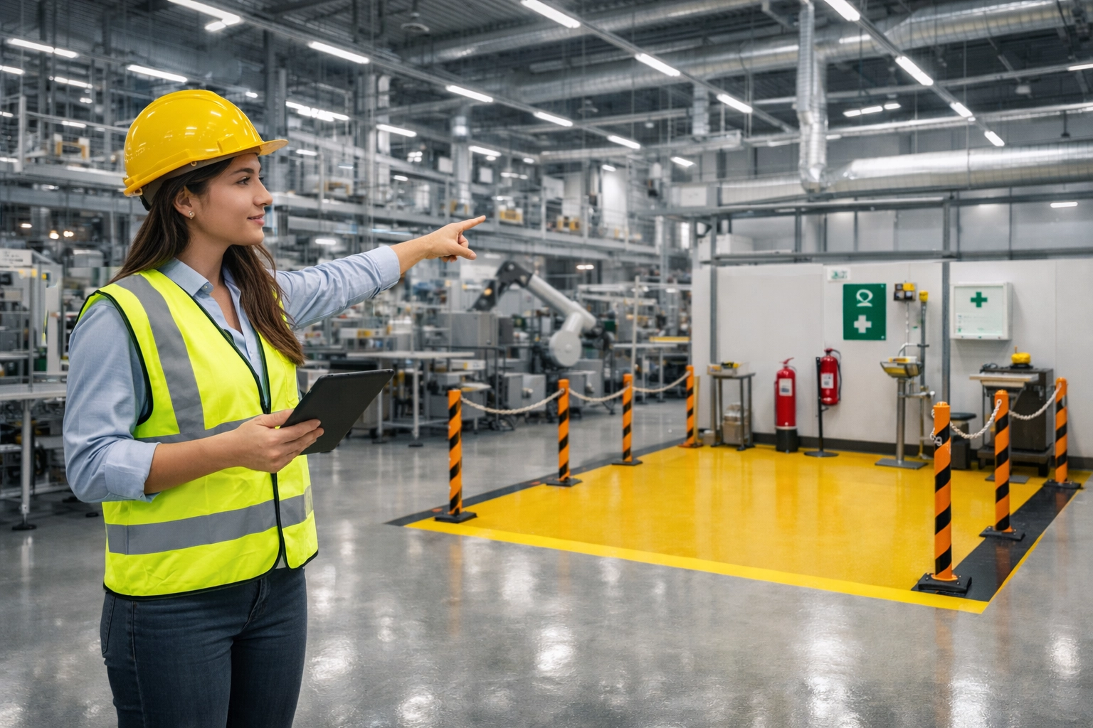 Trabajadores industriales con equipo de protección personal completo en una planta moderna