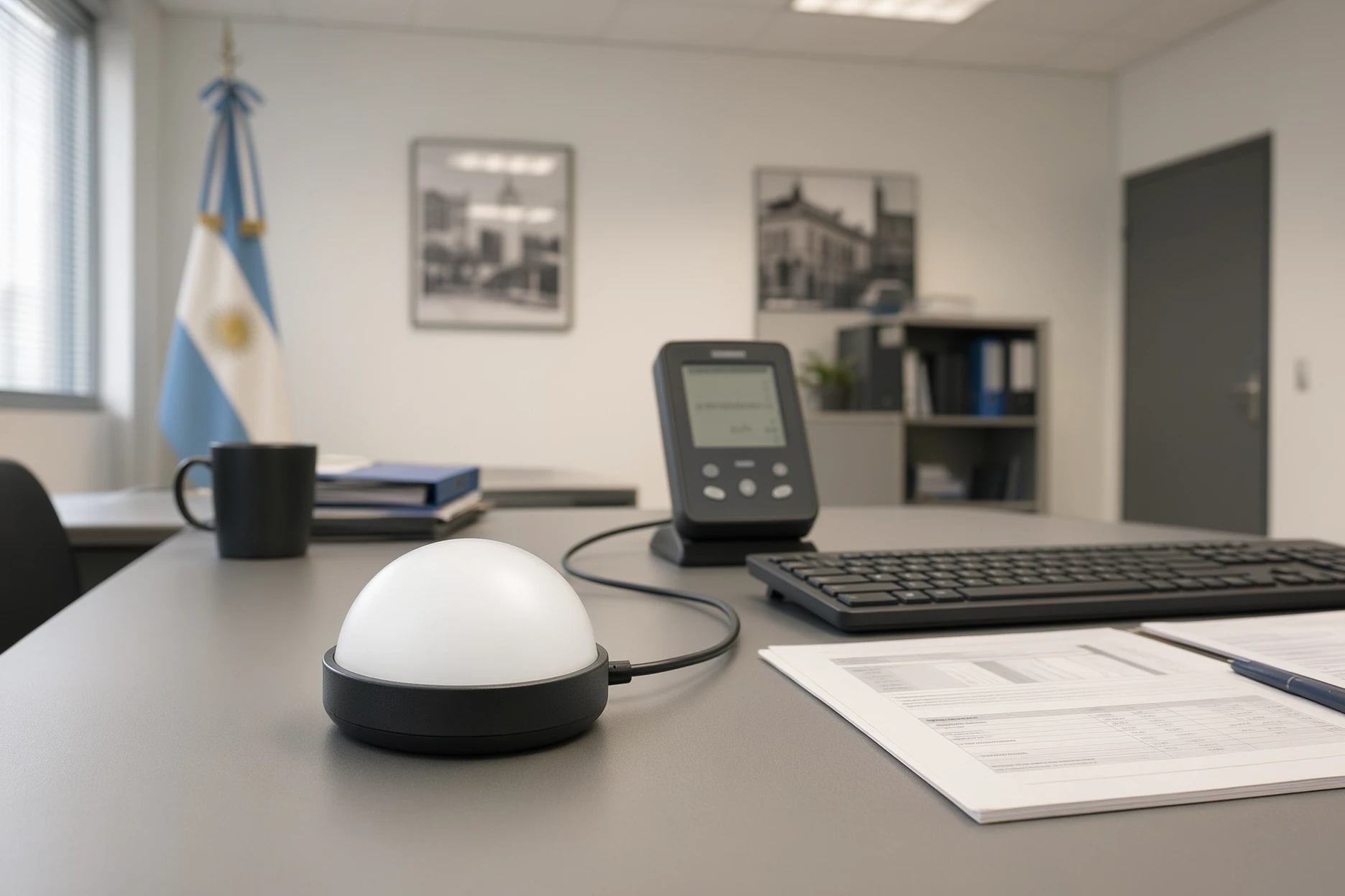 Sensor de luxómetro sobre un escritorio, junto a la unidad de lectura y un teclado