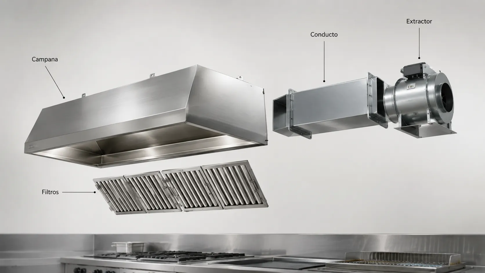 Sistema de extracción de cocina industrial con campana, filtros, conducto y extractor claramente identificados