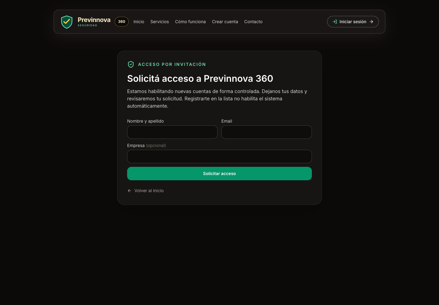 Formulario real para solicitar acceso a Previnnova 360, con nombre, email y empresa opcional